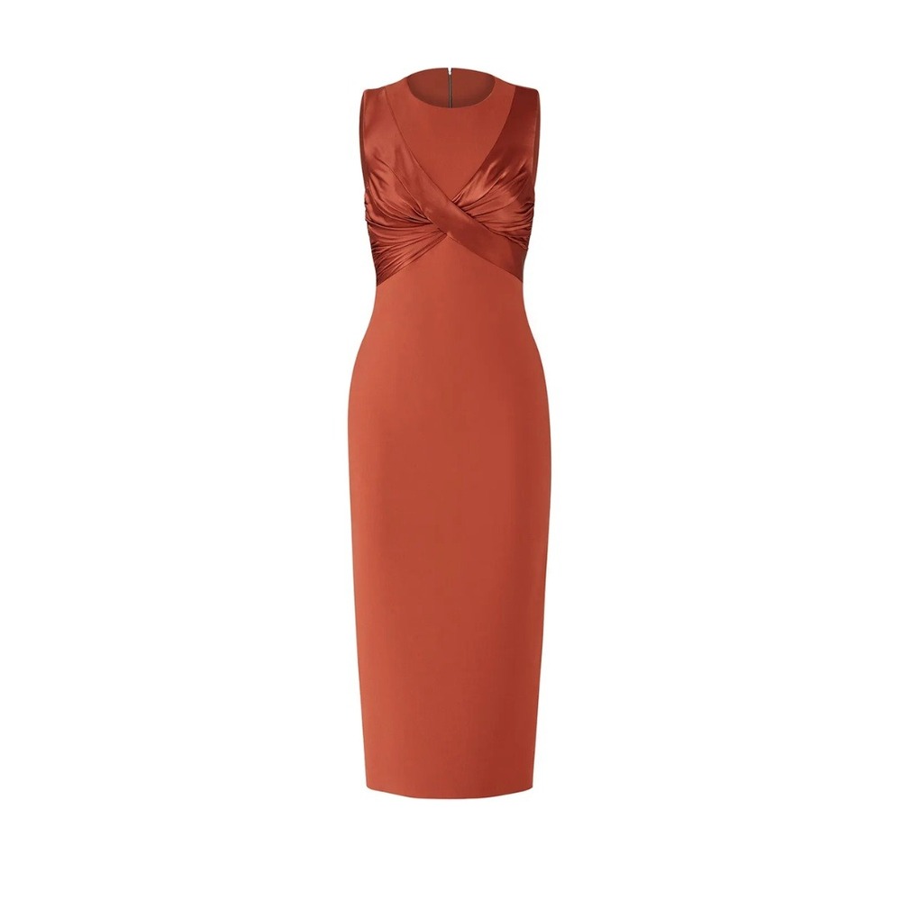 Cinq à Sept | Adelisa Crossover Sleeveless Sheath Midi Dress in Tobacco Red |‎ 4